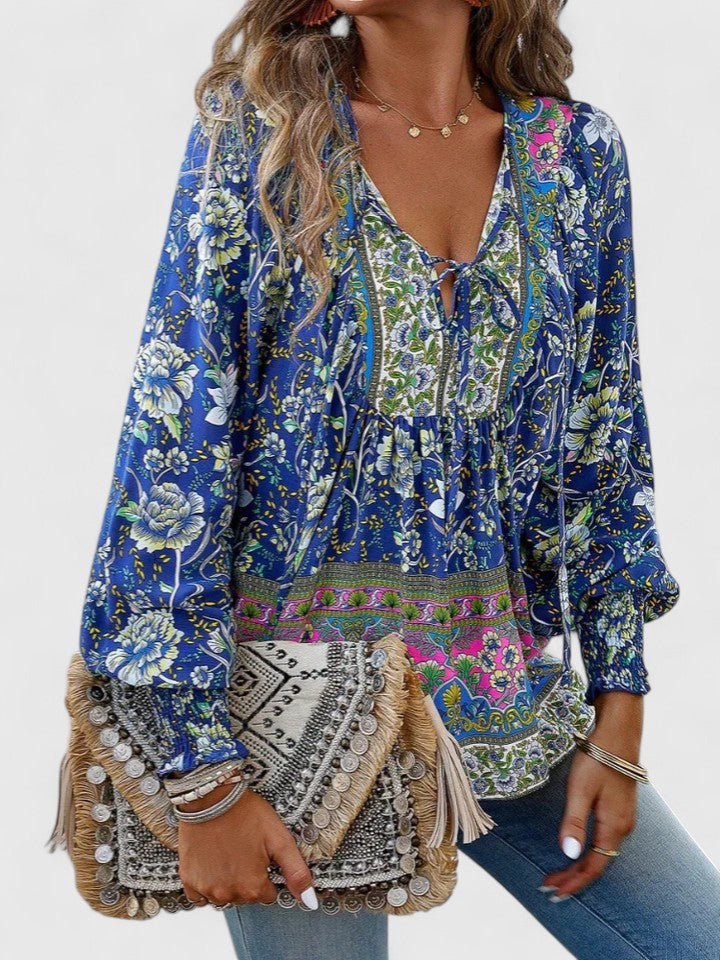 Women's Floral Blouse V-Neck Puff Sleeve