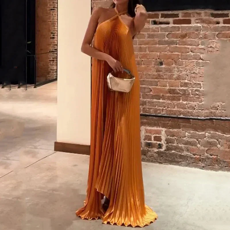 Women's Pleated Halter Maxi Dress Evening Wear