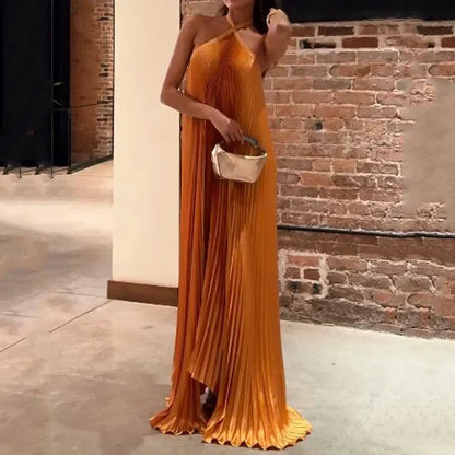 Women's Pleated Halter Maxi Dress Evening Wear