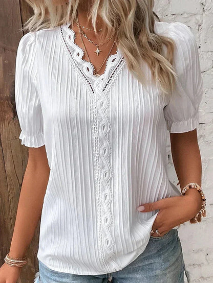 Women's Pintuck Blouse V Neck Short Sleeve - Vonnera