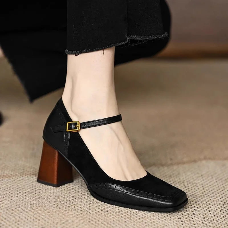 Women's Block Heel Ankle Strap Pumps Square Toe Brown