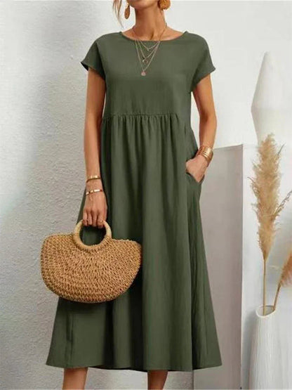 Women's Cotton O-Neck Vintage Dress