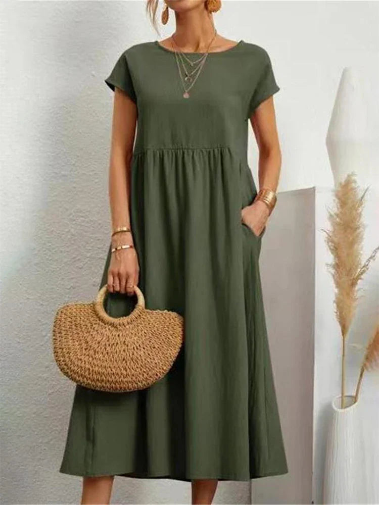Women's Cotton O-Neck Vintage Dress