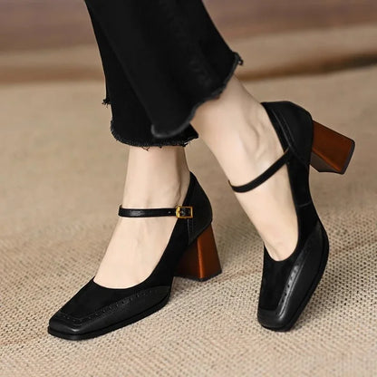 Women's Block Heel Ankle Strap Pumps Square Toe Brown