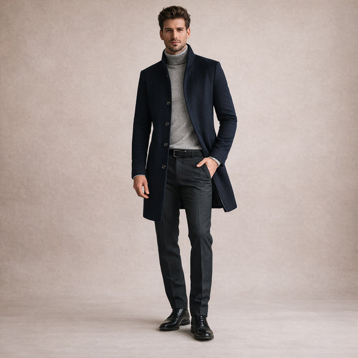Men's Wool Blend Trench Coat Single Breasted Charcoal