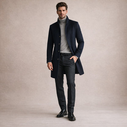 Men's Wool Blend Trench Coat Single Breasted Charcoal