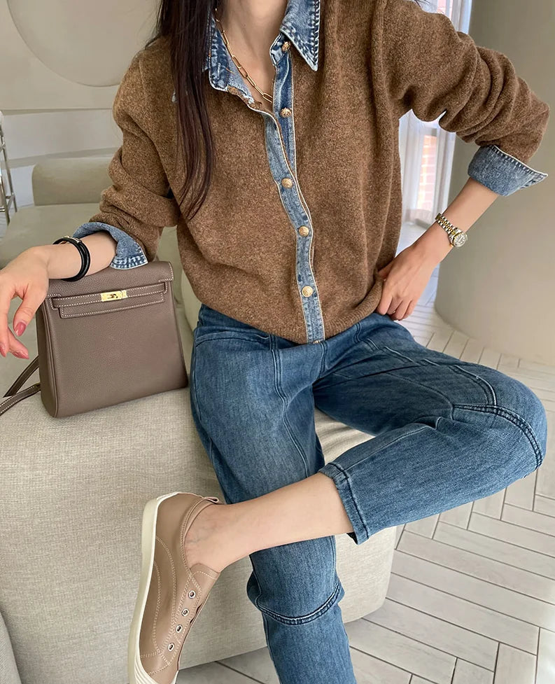 Women's Denim Contrast Cardigan - Vonnera