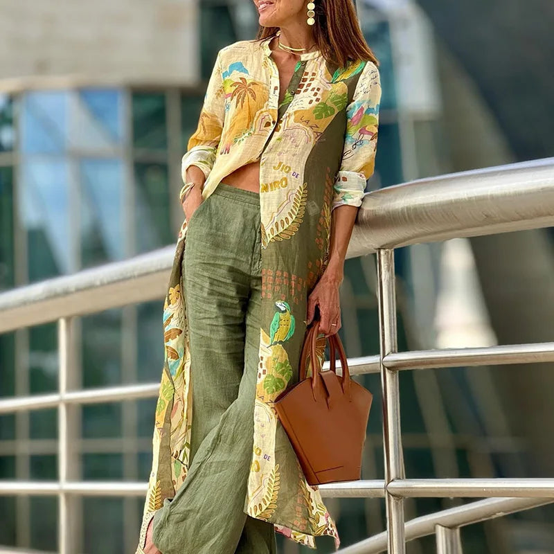 Women's Two Piece Set Collared Neckline Wide Leg Pants - Vonnera