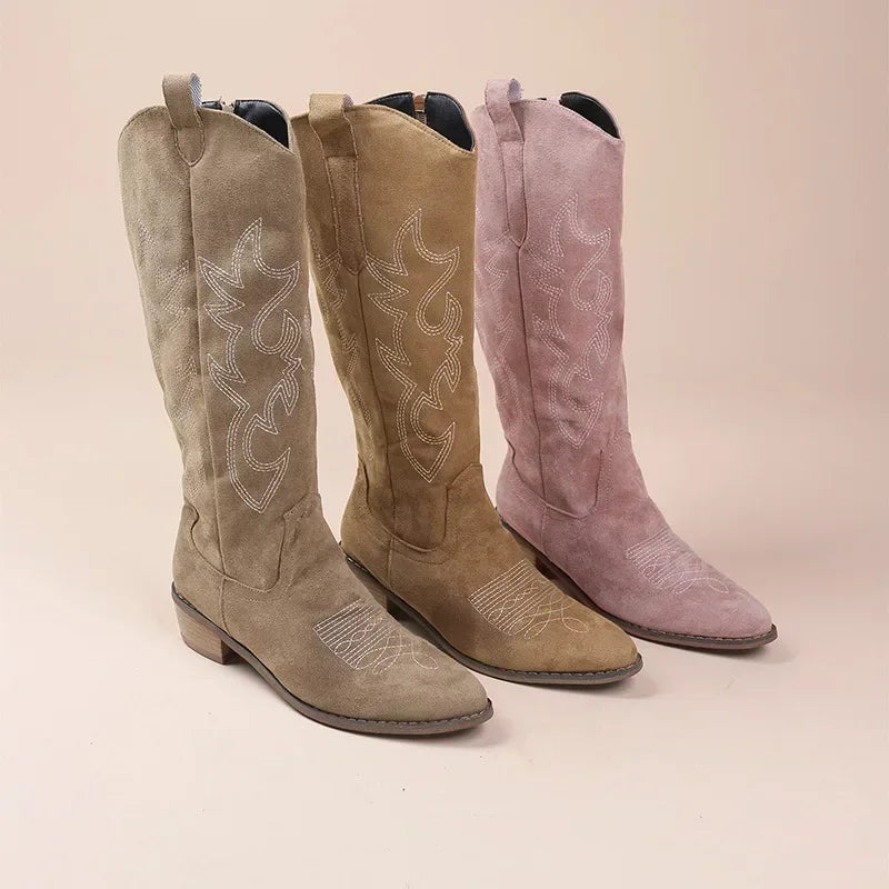 Women's Knee High Cowboy Boots Embroidered Brown