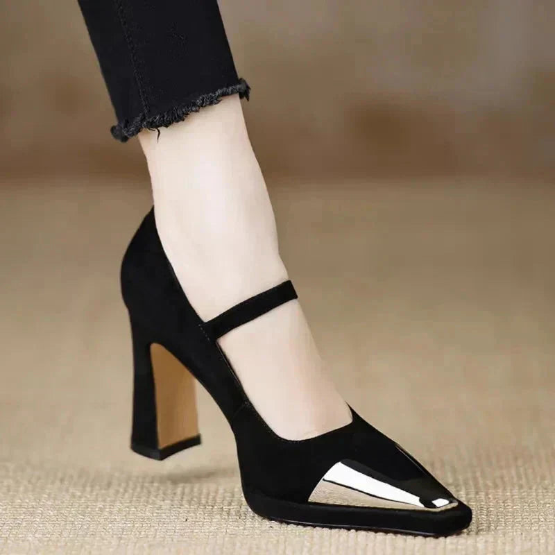Serena Women's Block Heel Pumps Cap Toe Strap
