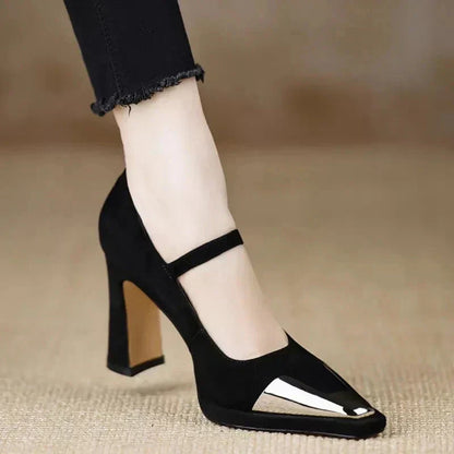 Serena Women's Block Heel Pumps Cap Toe Strap
