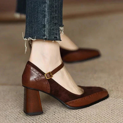 Women's Block Heel Ankle Strap Pumps Square Toe Brown - Vonnera