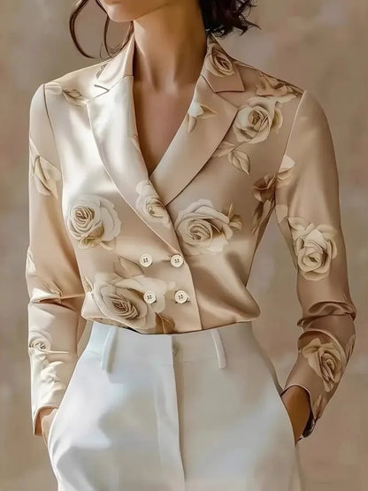 Women's Satin Blouse Double-Breasted Floral Print - Vonnera