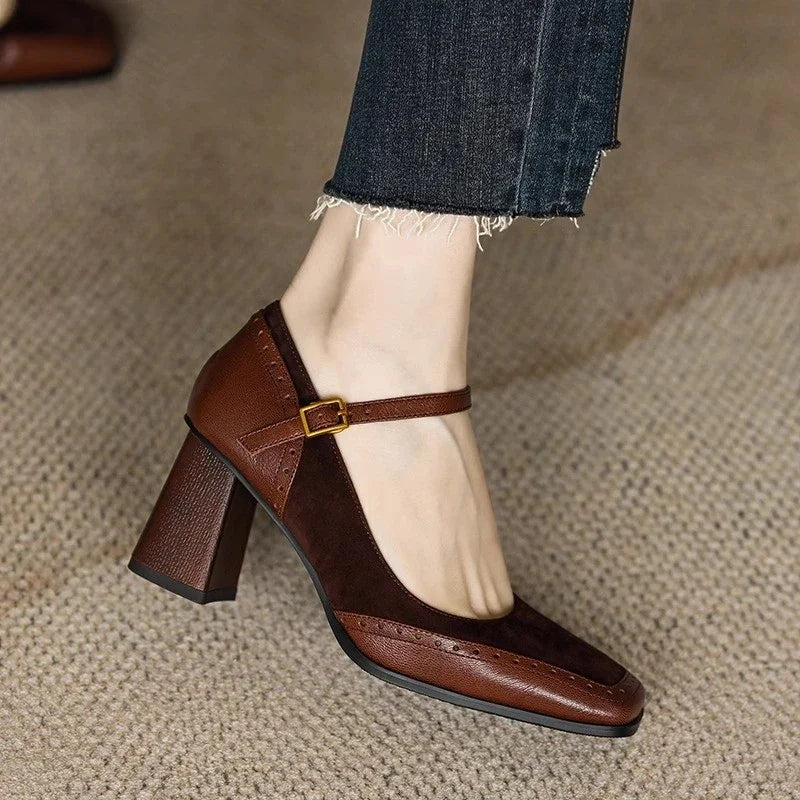 Women's Block Heel Ankle Strap Pumps Square Toe Brown