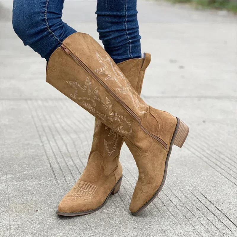 Women's Knee High Cowboy Boots Embroidered Brown