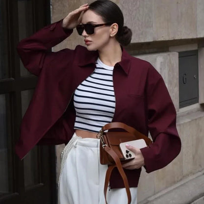 Women's Cropped Bomber Jacket Long Sleeve - Vonnera