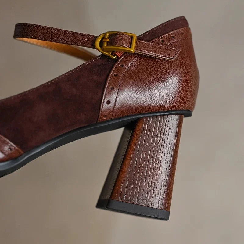 Women's Block Heel Ankle Strap Pumps Square Toe Brown