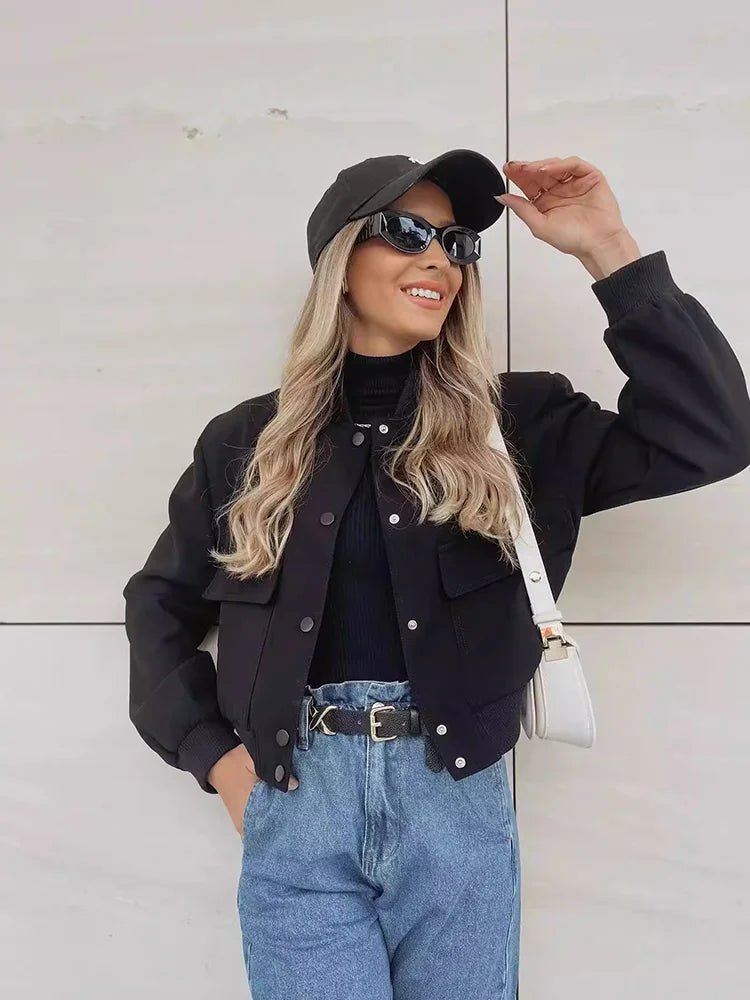 Women's Lightweight Bomber Jacket Cotton Button Front Pockets
