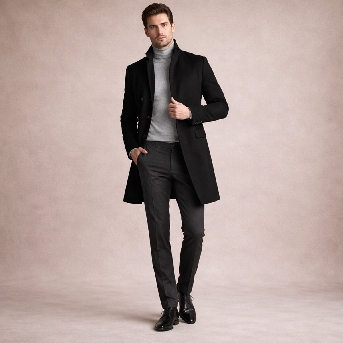 Men's Wool Blend Trench Coat Single Breasted Charcoal