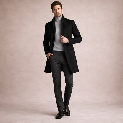 Men's Wool Blend Trench Coat Single Breasted Charcoal