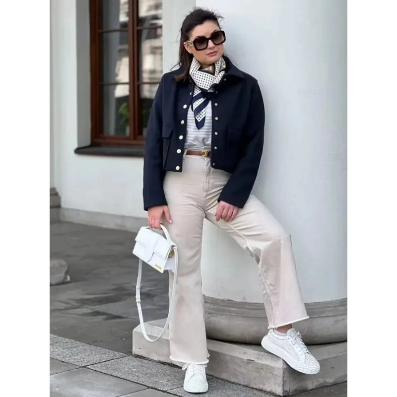 Women's Aviator Bomber Jacket Cotton Button Front Functional Pockets