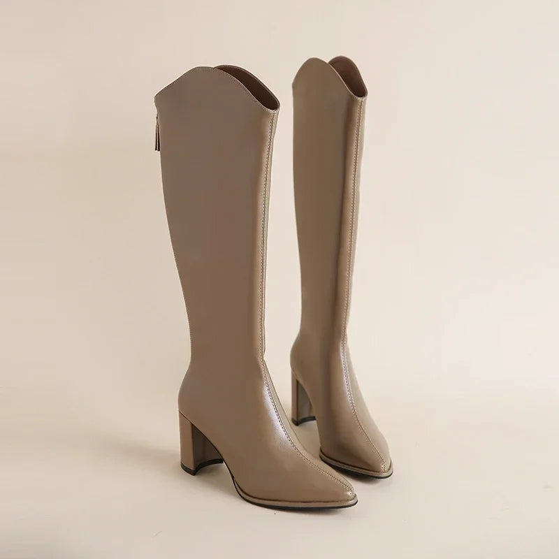 Women's Knee High Boots Side Zip Block Heel Comfortable
