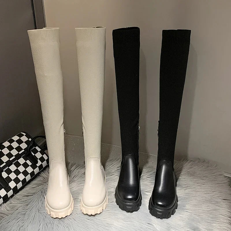Women's Knee High Boots Stretch Fit Chunky Lug Sole Black