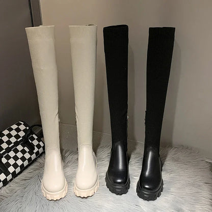 Women's Knee High Boots Stretch Fit Chunky Lug Sole Black