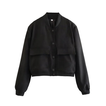 Women's Cropped Bomber Jacket Snap Buttons Utility Pockets
