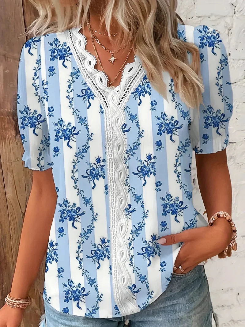 Women V-Neck Blouse Leaf Print