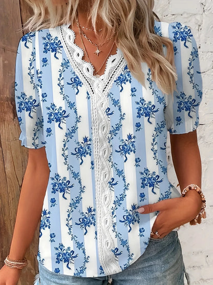 Women's V-Neck Blouse Floral Lace