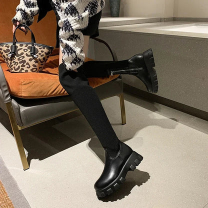 Women's Knee High Boots Stretch Fit Chunky Lug Sole Black