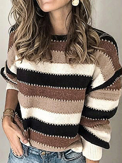 Women's Crew Neck Sweater Stripe Pattern