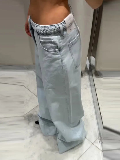 Women's Wide Leg Denim Trousers Loose Fit Low Waist Blue