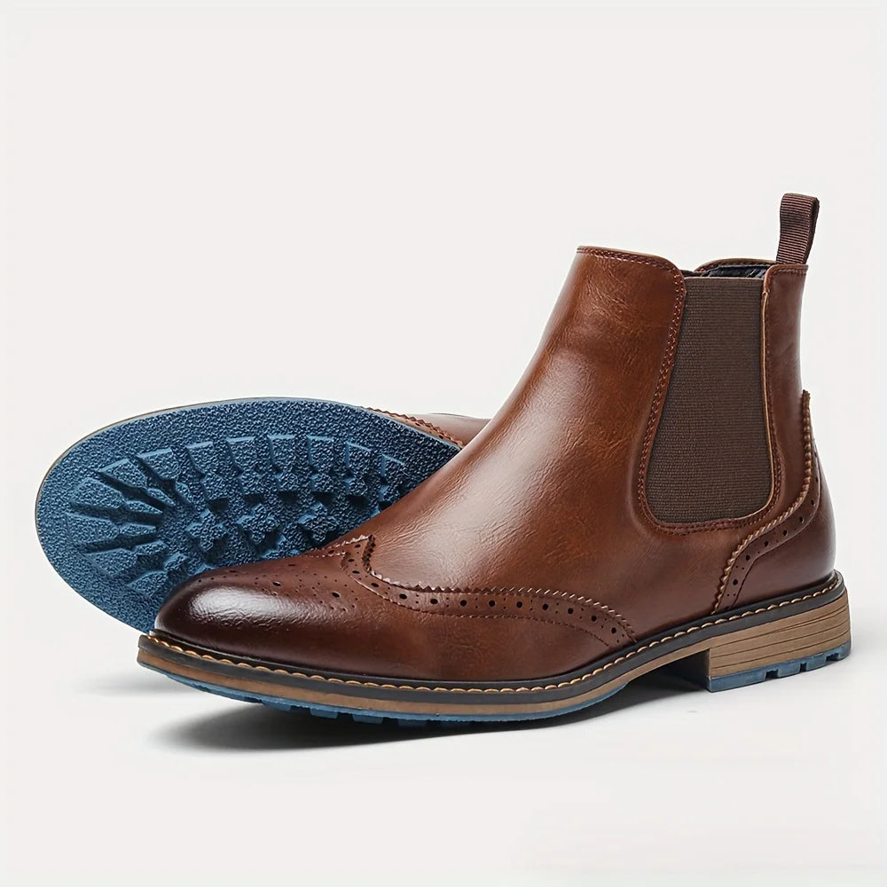 Men's Chelsea Boots Leather Ankle Brogue Brown