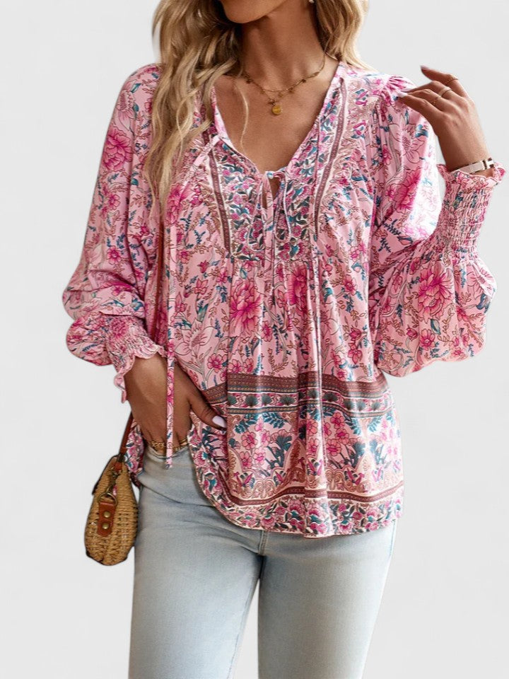 Women's Floral Blouse V-Neck Puff Sleeve - Vonnera