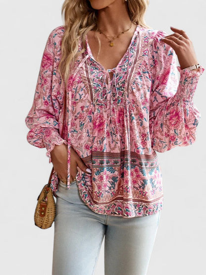 Women's Floral Blouse V-Neck Puff Sleeve - Vonnera
