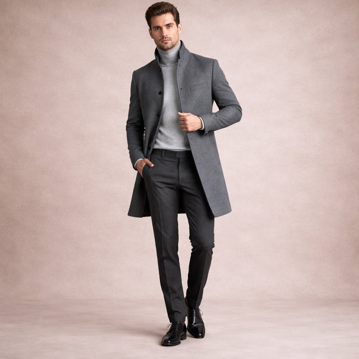 Men's Wool Blend Trench Coat Single Breasted Charcoal