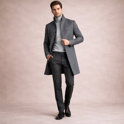 Men's Wool Blend Trench Coat Single Breasted Charcoal