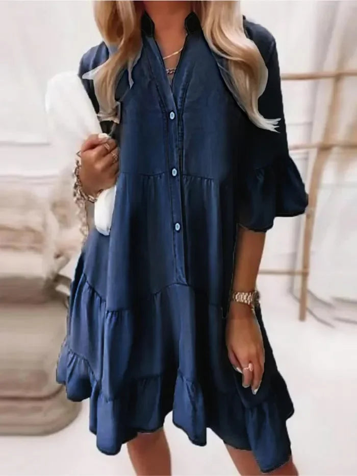 Women's Ruffle Mini Dress Cotton Button Down White