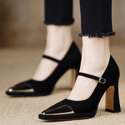 Serena Women's Block Heel Pumps Cap Toe Strap
