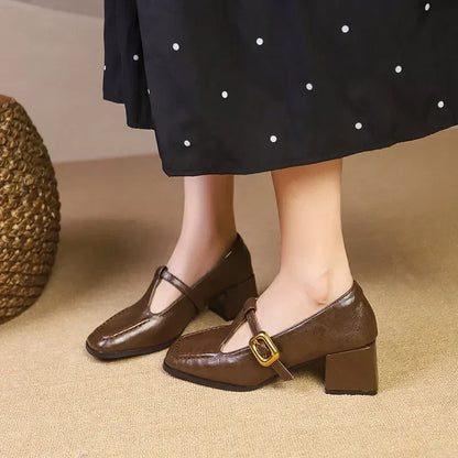 Women's Block Heel Mary Jane Shoes Gold Buckle