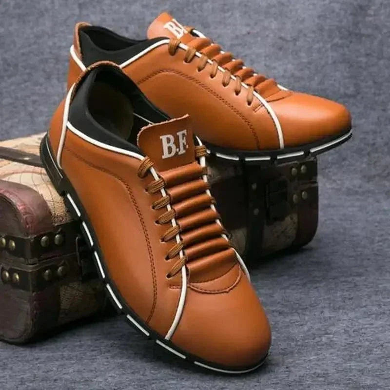 Men's Lace-Up Sneakers Leather Contrast Sole Black - Vonnera
