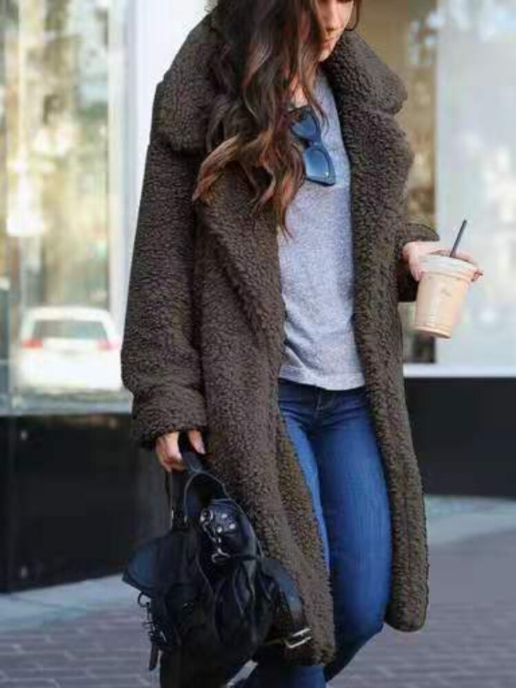 Women's Long Teddy Coat Warm Oversized Lapel Collar