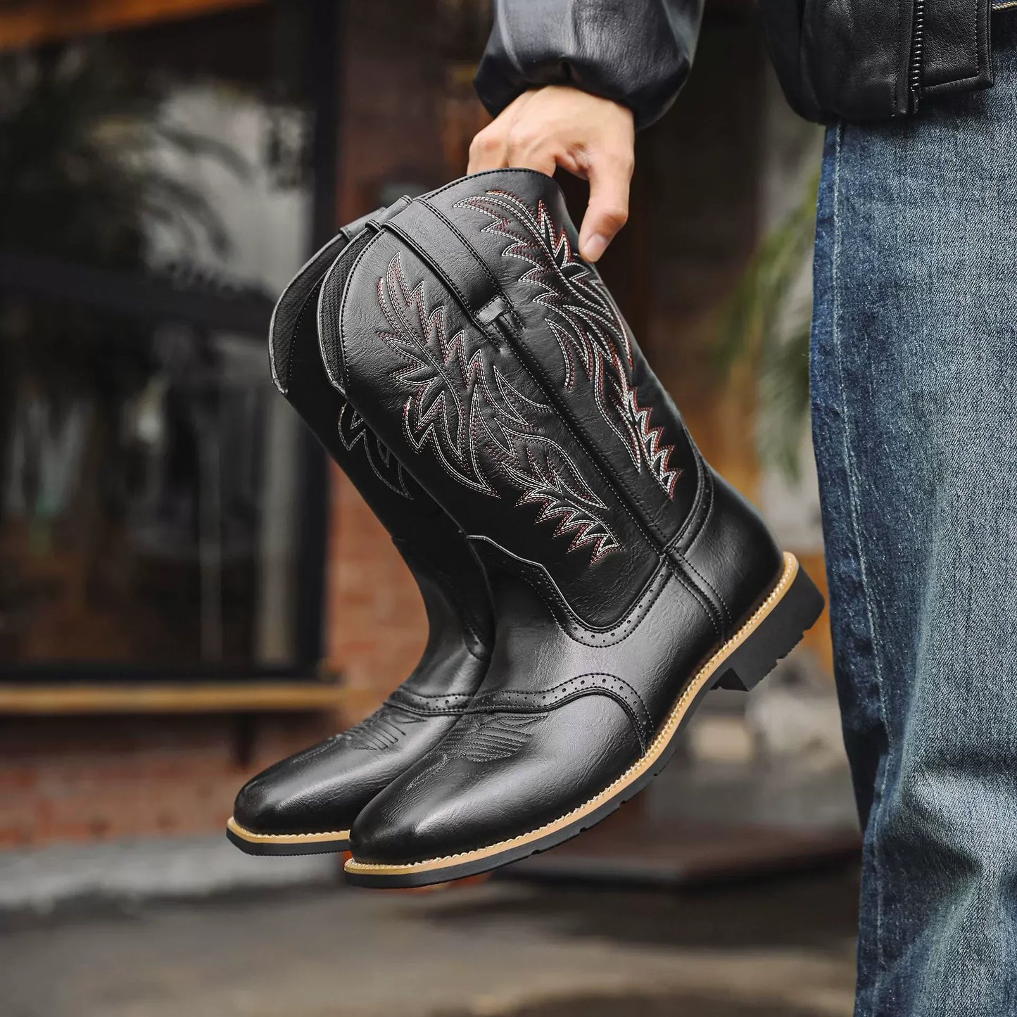Men's Western Cowboy Boots Mid-Calf Square Toe Leather Brown