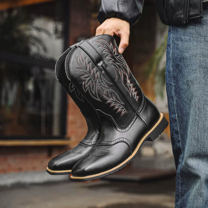 Men's Western Cowboy Boots Mid-Calf Square Toe Leather Brown