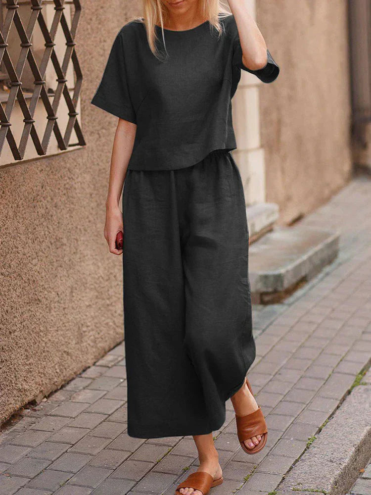 Women's Summer Two Piece Crew Neck T-Shirt And Wide Leg Pants