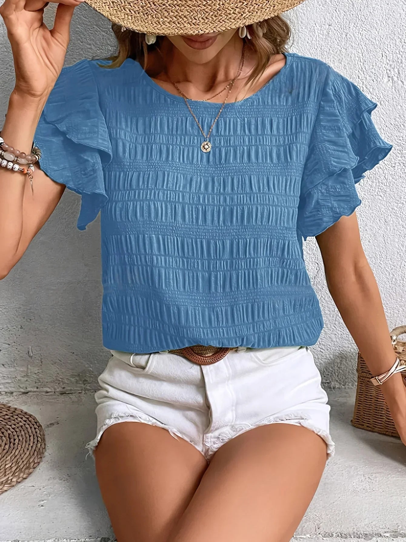 Women's Ruffle Sleeve Blouse Textured White