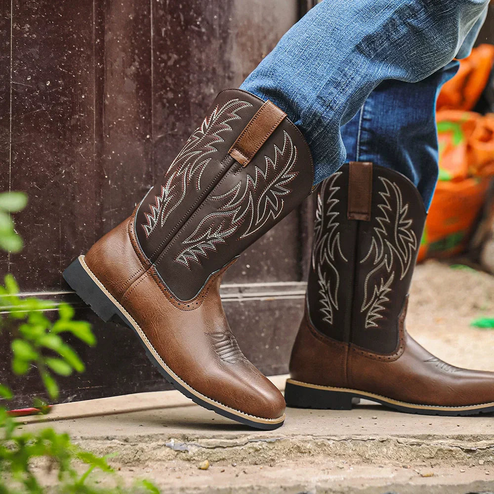 Men's Western Cowboy Boots Mid-Calf Square Toe Leather Brown - Vonnera
