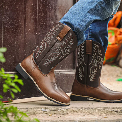 Men's Western Cowboy Boots Mid-Calf Square Toe Leather Brown - Vonnera